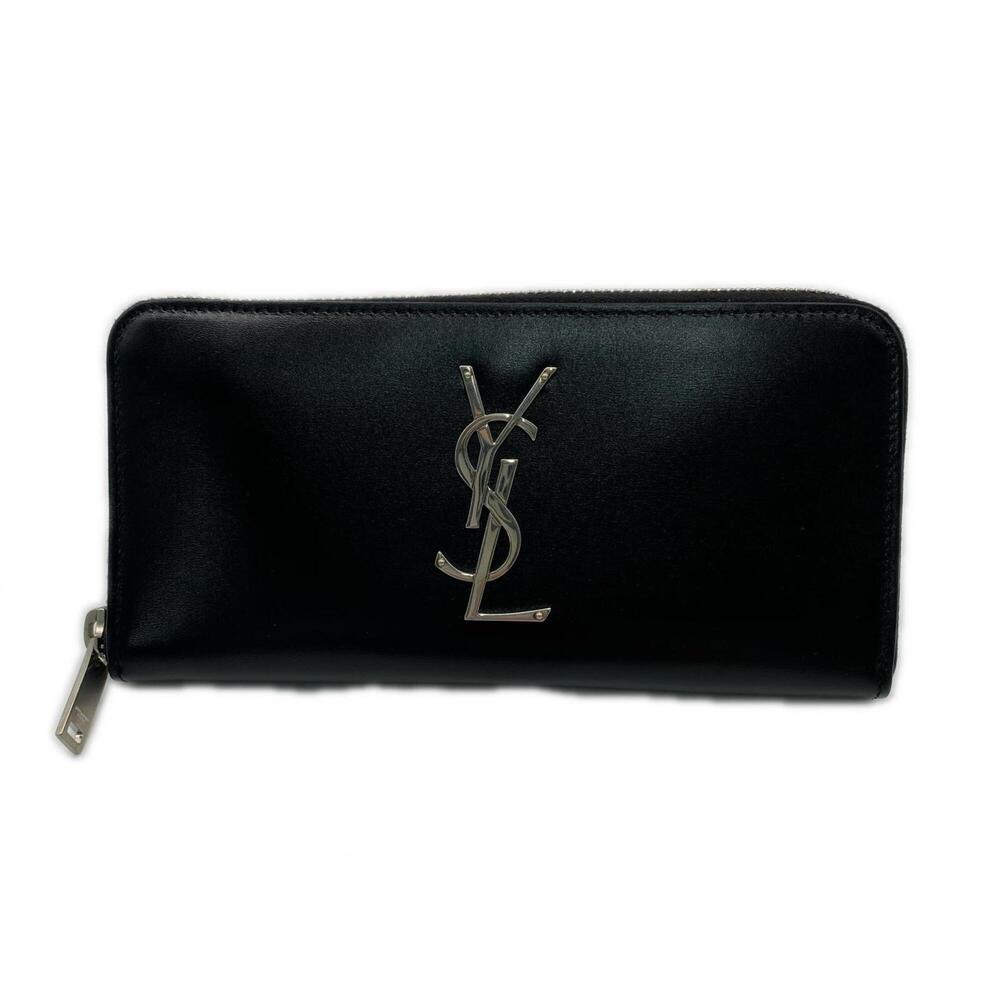 YVES SAINT LAURENT YSL Logo Cassandra Zip Around Wallet 617415 Long Black Sil...